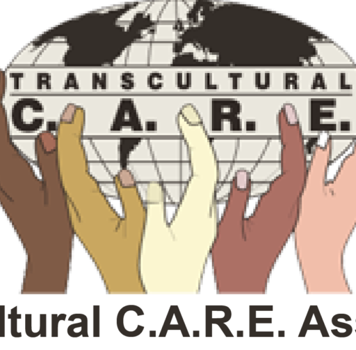 Multiracial hands holding globe labeled Transcultural C.A.R.E.